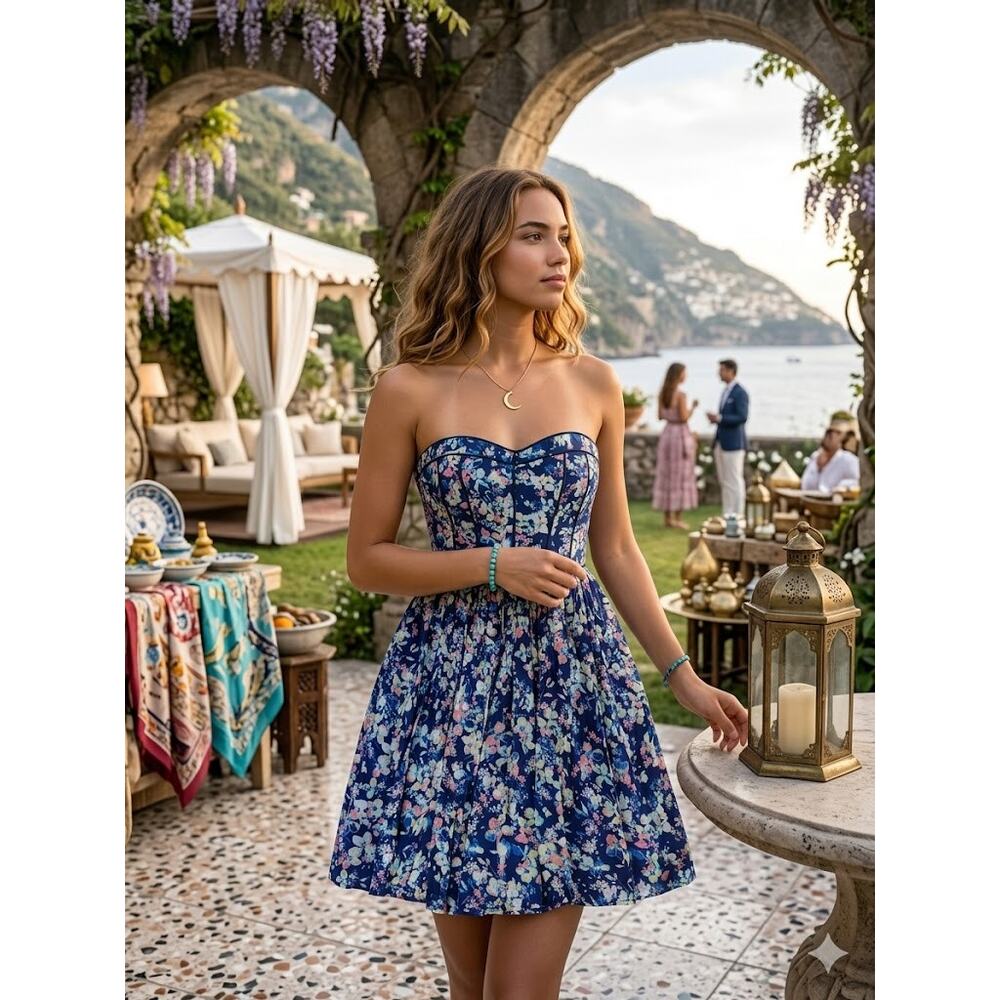 Dress Womens Size Blue Floral Strapless Sweetheart Fit Flare‎ Short Sundress XS